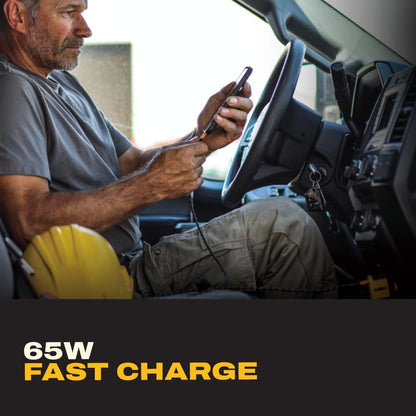 DEWALT 65W 3-Port Car Charger – Dual USB-C + USB-A Fast Charging Adapter