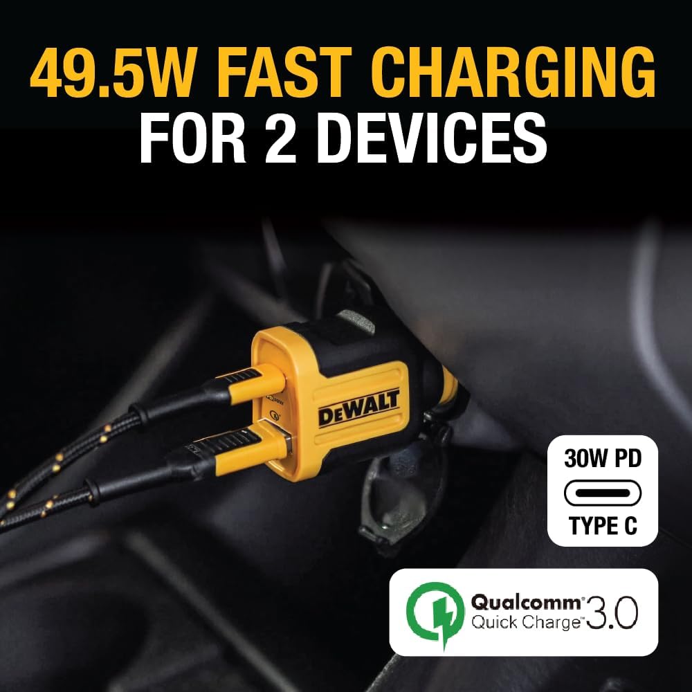 DEWALT 49.5W Dual USB & USB-C Car Charger – Simultaneous Fast Charging