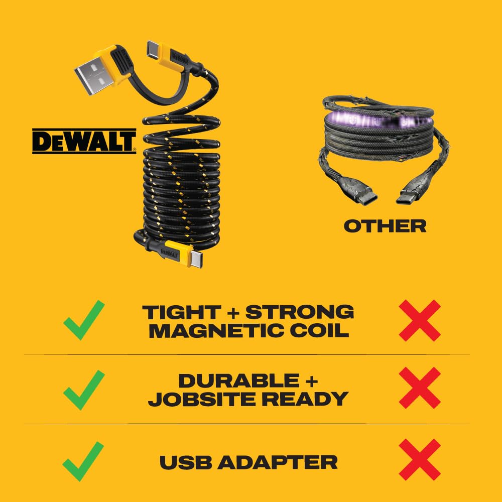 DEWALT Magnetic USB-C Cable 6ft – 60W PD Fast Charging Cord with USB-A Adapter