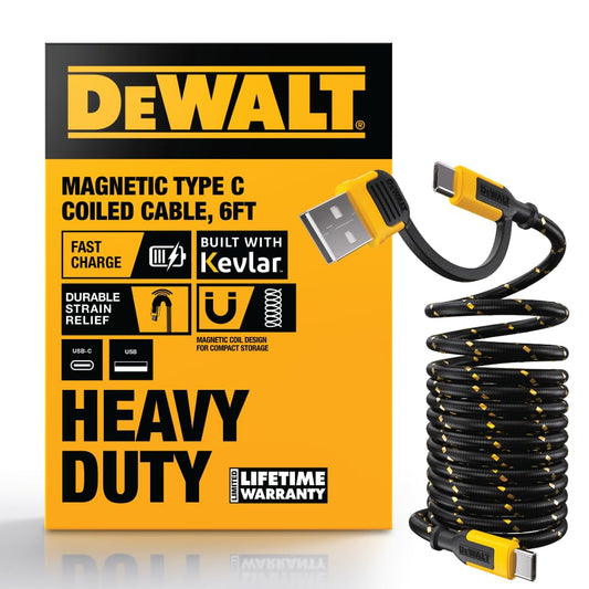 DEWALT Magnetic USB-C Cable 6ft – 60W PD Fast Charging Cord with USB-A Adapter
