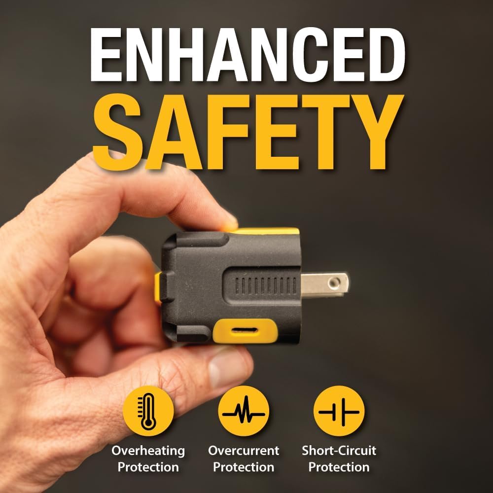 DEWALT NeverBlock 20W Dual USB-C Charger – Angled, Foldable Plug