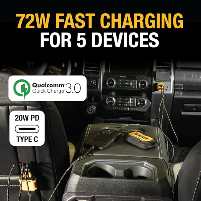 DEWALT 5-Port PD Car Charger – Front & Back Seat USB Fast Charging Hub