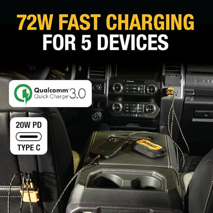 DEWALT 5-Port PD Car Charger – Front & Back Seat USB Fast Charging Hub