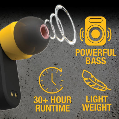 DEWALT Heavy Duty True Wireless Earbuds – Black Edition, 30+ Hr Battery, Jobsite Ready