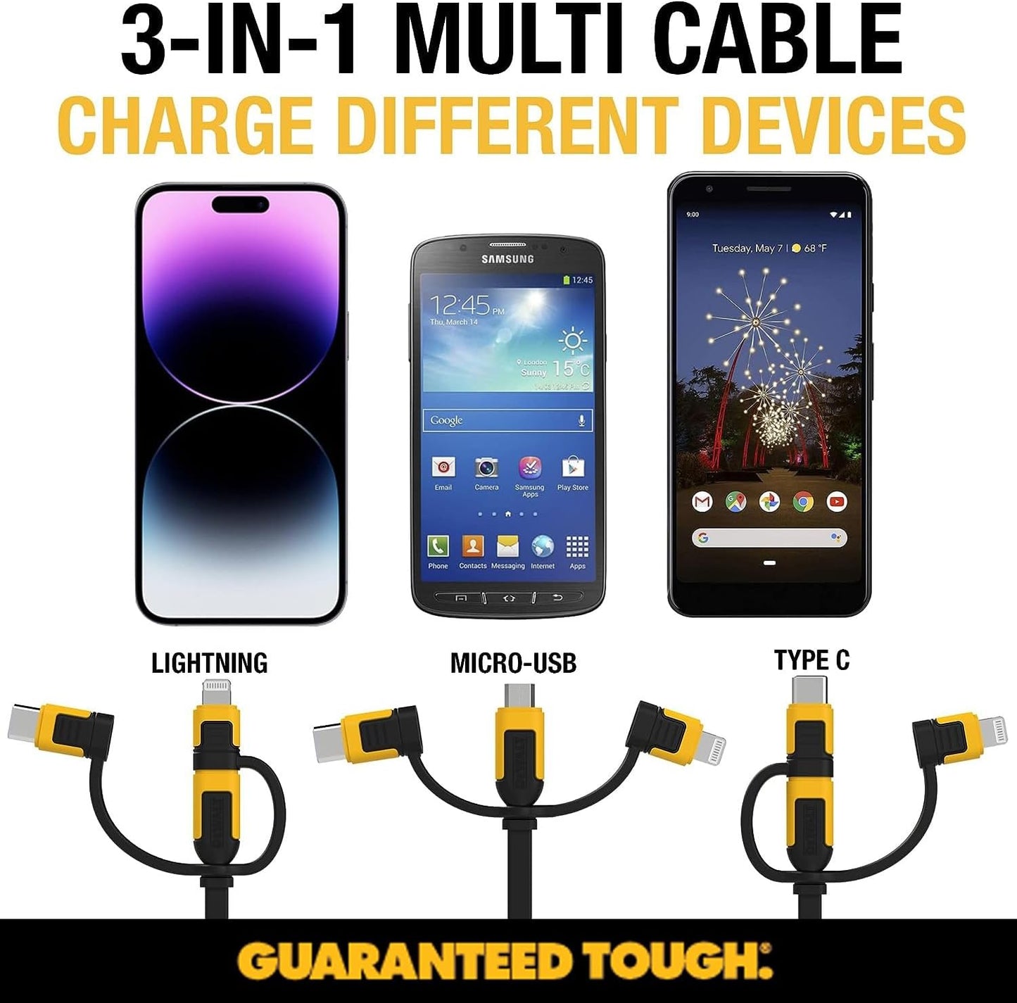 DEWALT 3-in-1 Retractable Charging Cord – 3ft Heavy-Duty Fast Charger USB-C, Lightning & Micro USB