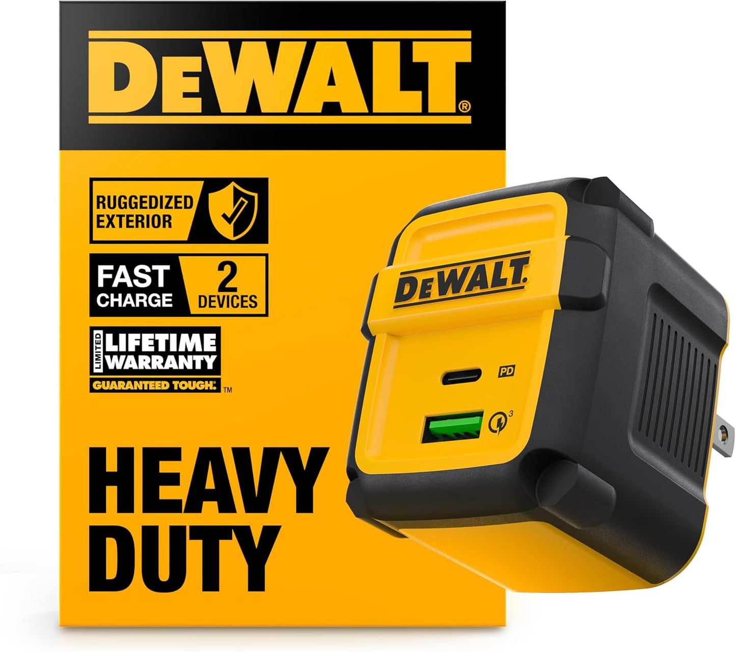 DEWALT Heavy Duty 49.5W Dual Port USB & USB-C Wall Charger – Compact Foldable Adapter