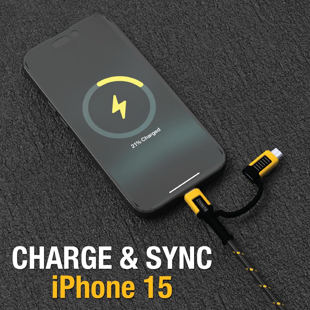 DEWALT Heavy-Duty 4-in-1 Charging Cable – 6ft Fast Charger USB-C, Micro USB & iPhone