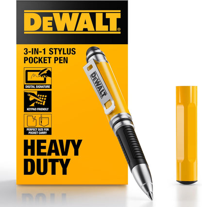 DEWALT Heavy Duty 3-in-1 Stylus Pen – Mini Pocket EDC Pen with Touchscreen Tip, Keypad Tip & Ballpoint, Extra Ink Cartridge