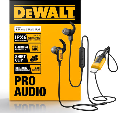 DEWALT Heavy Duty Lightning Earphones (IPX6) – Wired, Jobsite-Safe for iPhone 14 & Older
