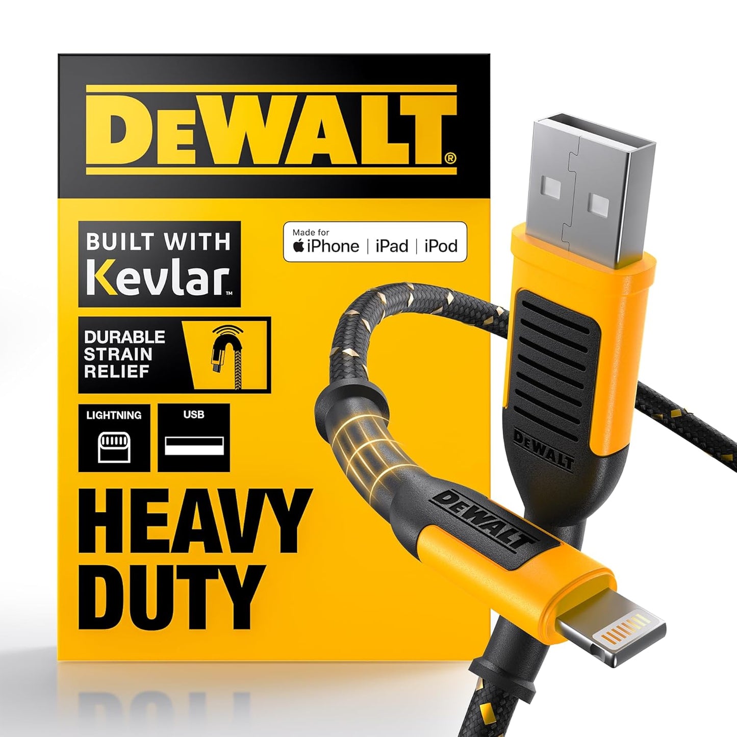 DEWALT Heavy Duty Lightning to USB-A Cable – Reinforced Braided iPhone Charger Cord