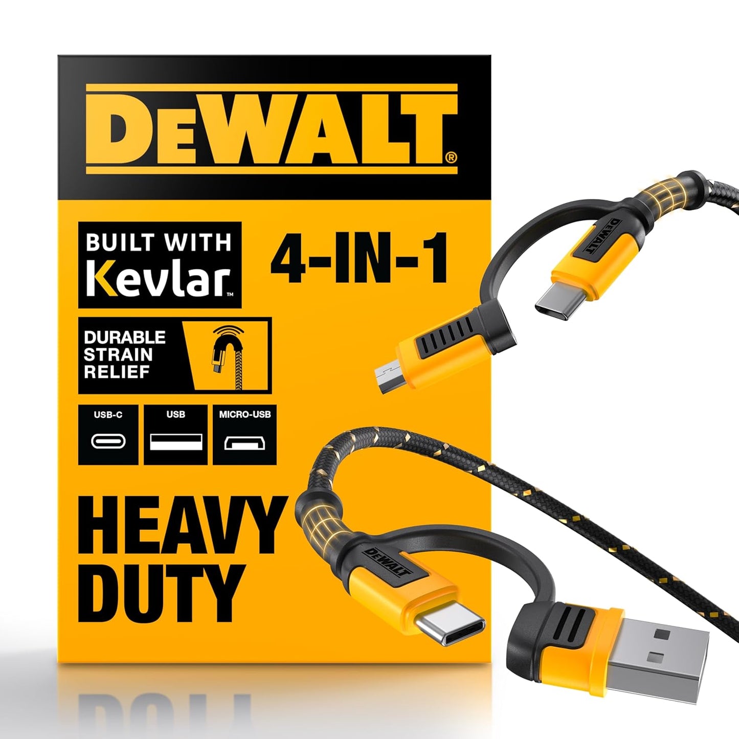DEWALT Heavy-Duty 4-in-1 Charging Cable – 6ft Fast Charger USB-C, Micro USB & iPhone
