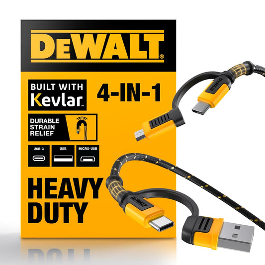 DEWALT Heavy-Duty 4-in-1 Charging Cable – 6ft Fast Charger USB-C, Micro USB & iPhone