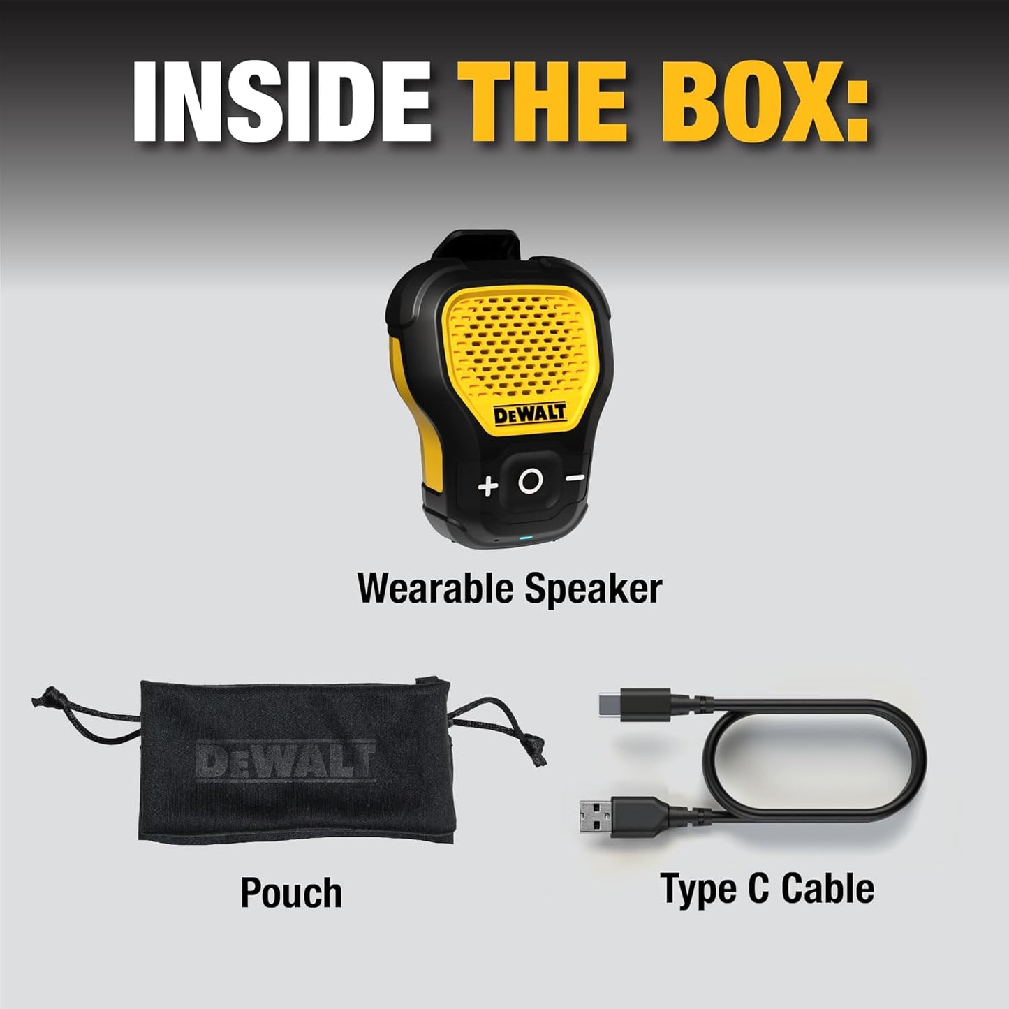 DEWALT Wearable Bluetooth Speaker – Updated Clip-On Jobsite Portable Speaker w/Mic