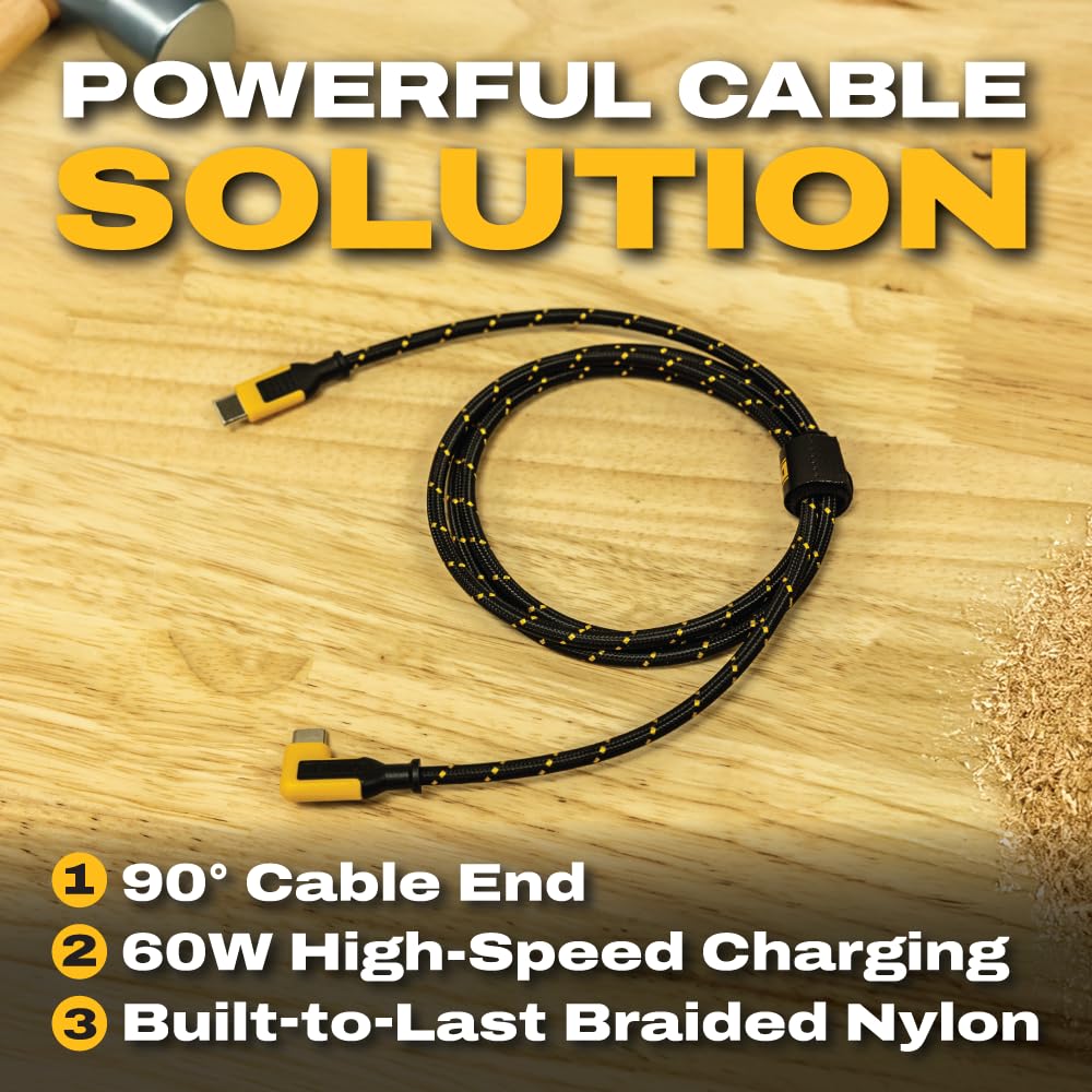 DEWALT Heavy Duty Right Angle USB-C Cable – 60W PD Type-C to Type-C 90° Connector, Fast Charging Cord for iPhone, MacBook, iPad, Samsung Galaxy, Pixel, Switch