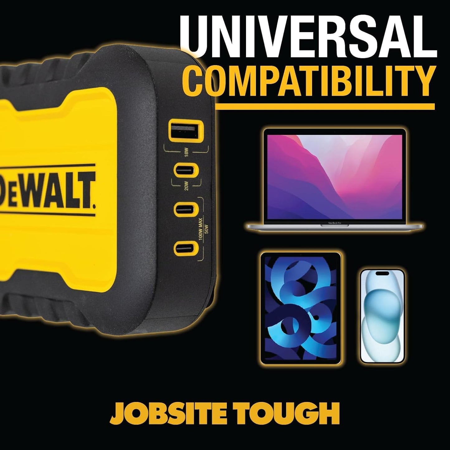 DEWALT 100W 4-Port USB-C Charger Block – Heavy Duty Fast Charger with 6FT Cord