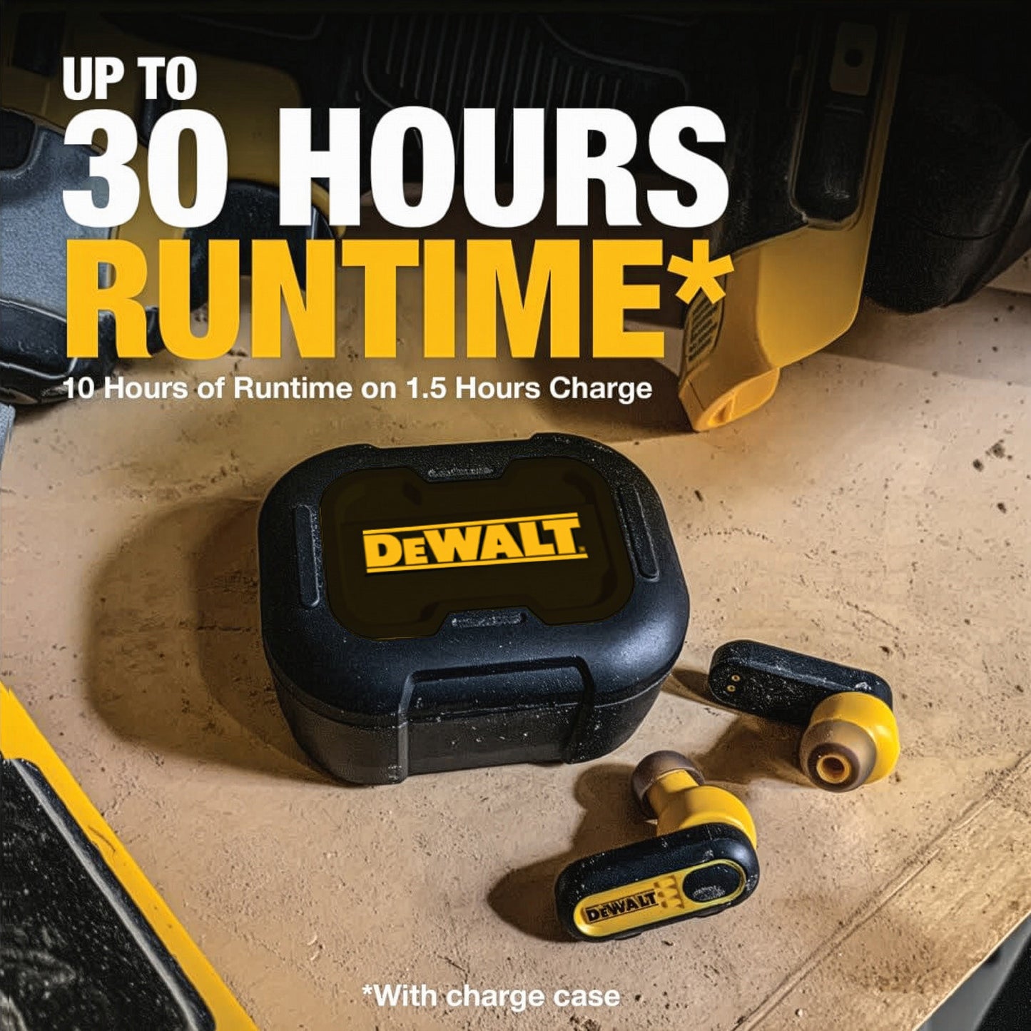 DEWALT Heavy Duty True Wireless Earbuds – Black Edition, 30+ Hr Battery, Jobsite Ready