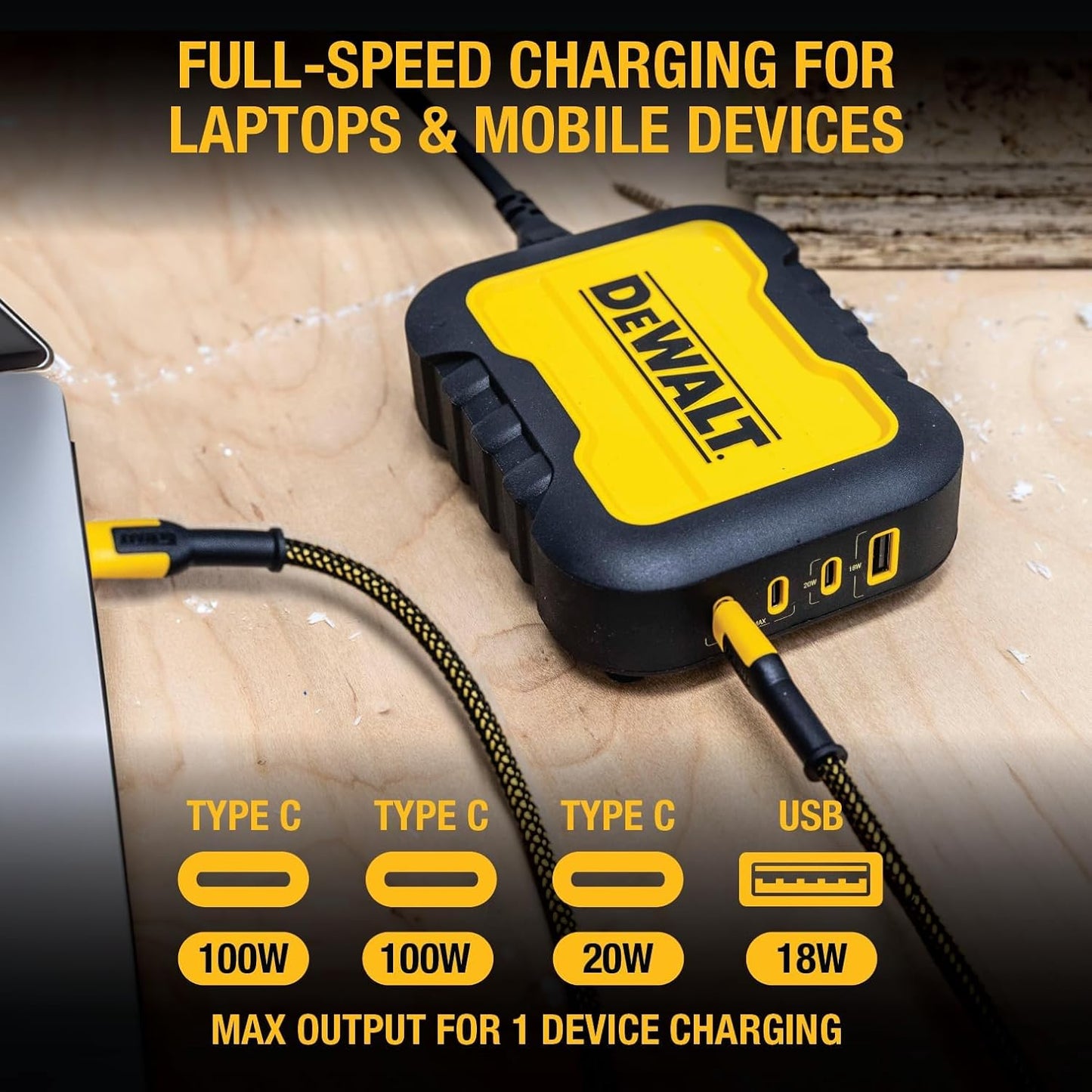 DEWALT 100W 4-Port USB-C Charger Block – Heavy Duty Fast Charger with 6FT Cord