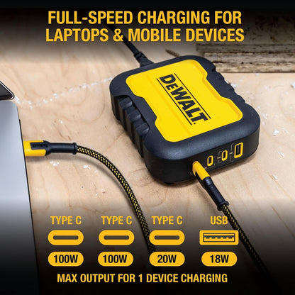 DEWALT 100W 4-Port USB-C Charger Block – Heavy Duty Fast Charger with 6FT Cord