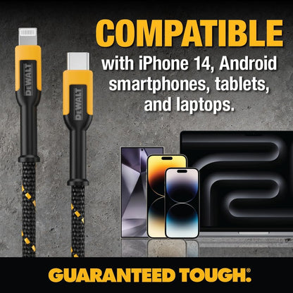 DEWALT Heavy Duty USB-C to Lightning Cables (2-Pack, 4ft) – Fast Charging, MFi Certified