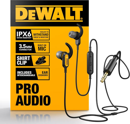 DEWALT Heavy Duty 3.5mm Wired Earphones w/Microphone – Jobsite Water-Resistant Earbuds
