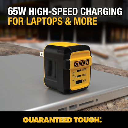 DEWALT Heavy Duty 65W USB-C GaN Wall Charger – 3-Port Fast PD Compact Adapter