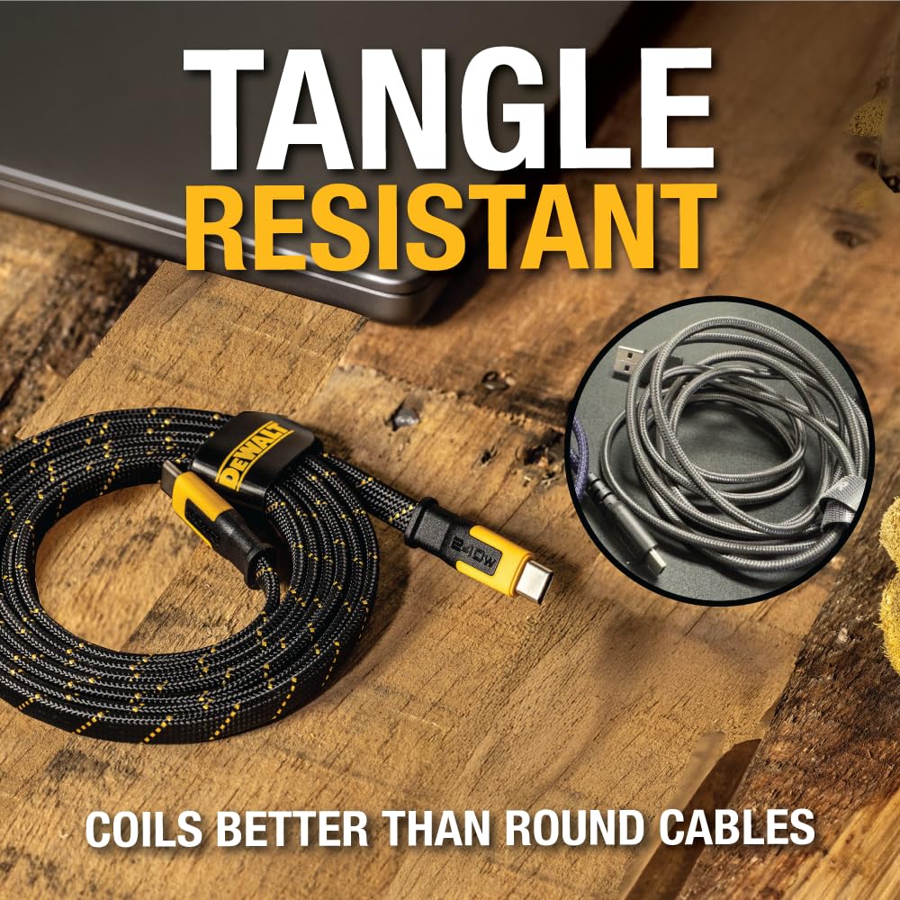 DEWALT Heavy Duty USB-C to USB-C Cable – Flat 240W Kevlar-Reinforced Fast Charger for iPhone, Samsung, MacBook, iPad, Pixel