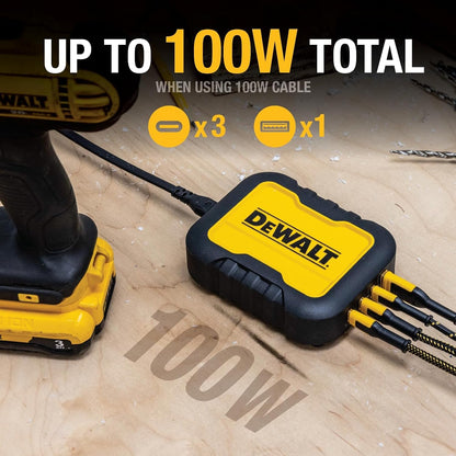 DEWALT 100W 4-Port USB-C Charger Block – Heavy Duty Fast Charger with 6FT Cord