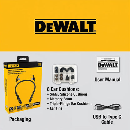 DEWALT Black Edition Bluetooth Neckband Headphones – 30H Wireless Jobsite Earbuds