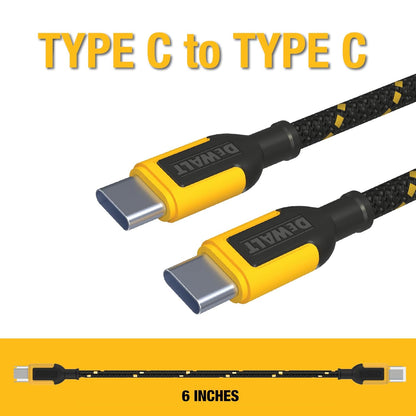 DEWALT Heavy Duty USB-C to USB-C Short Cable (2-Pack, 6in) – 60W PD Fast Charging Cord