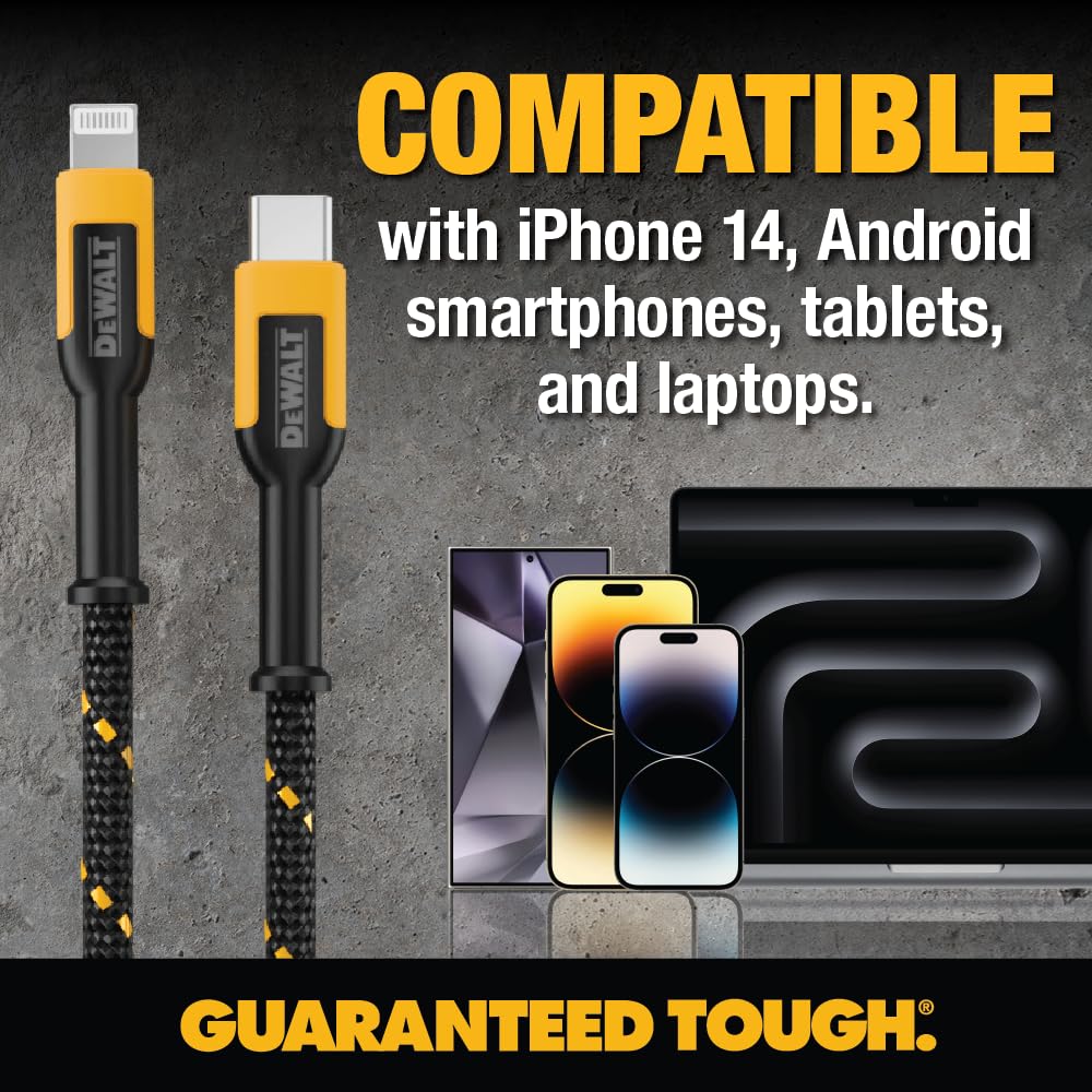 DEWALT Heavy Duty USB-C to Lightning Cable – MFi Certified Fast Charger for iPhone, iPad & AirPods