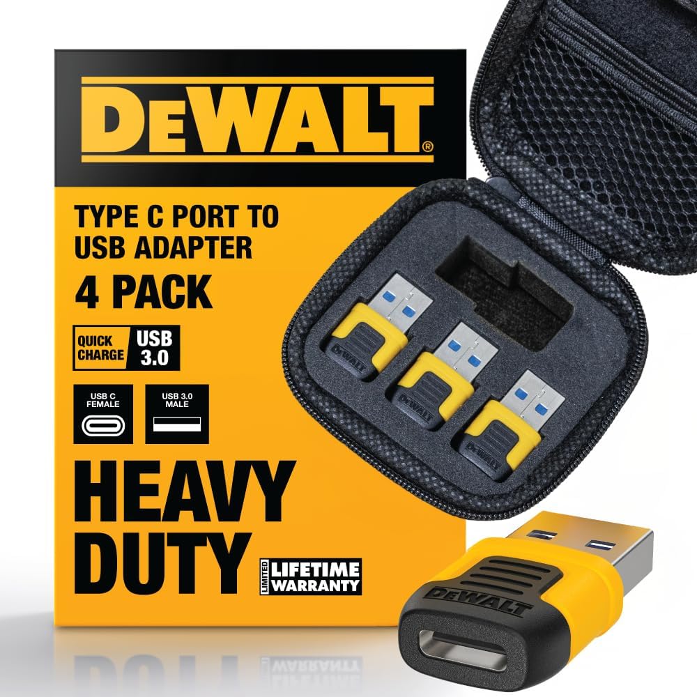 DEWALT USB-C to USB-A Adapter 4-Pack – Fast Charging & 5Gbps Data Converter