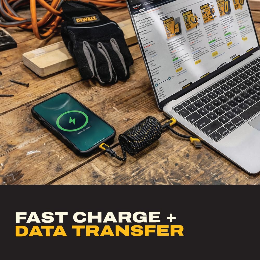 DEWALT Magnetic USB-C Cable 6ft – 60W PD Fast Charging Cord with USB-A Adapter