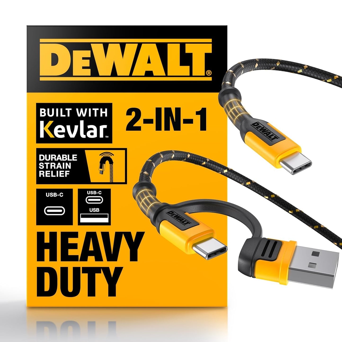 DEWALT 2-in-1 USB-C Cable (60W) – Type-C w/USB-A Adapter, Fast Charging