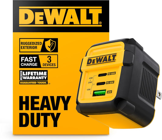 DEWALT Heavy Duty 65W USB-C GaN Wall Charger – 3-Port Fast PD Compact Adapter