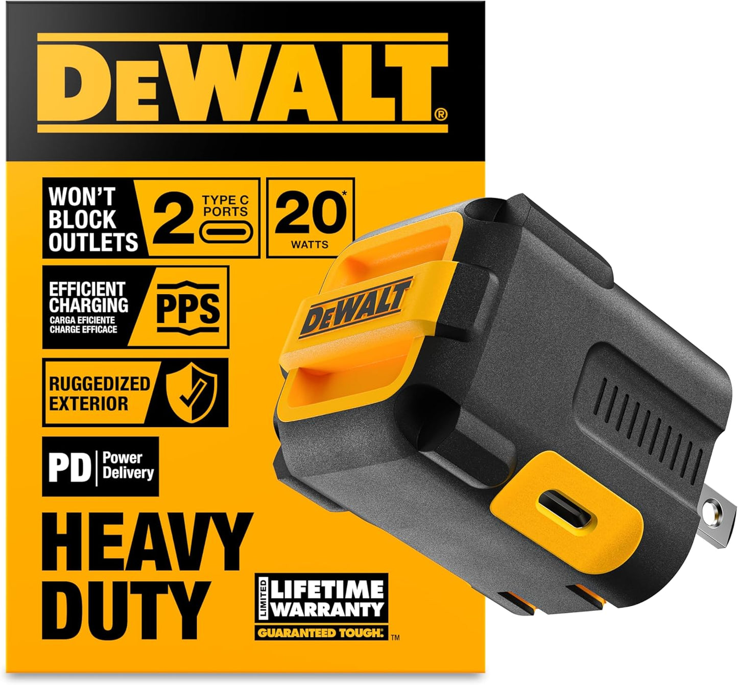 DEWALT NeverBlock 20W Dual USB-C Charger – Angled, Foldable Plug