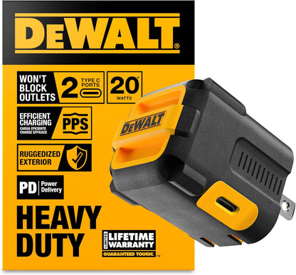 DEWALT NeverBlock 20W Dual USB-C Charger – Angled, Foldable Plug