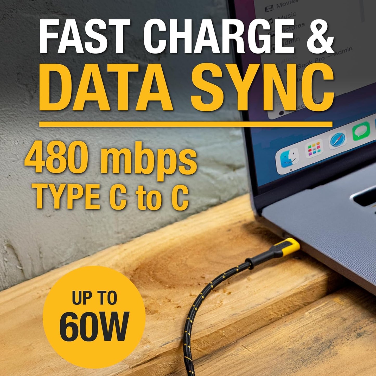 DEWALT 2-in-1 USB-C Cable (60W) – Type-C w/USB-A Adapter, Fast Charging