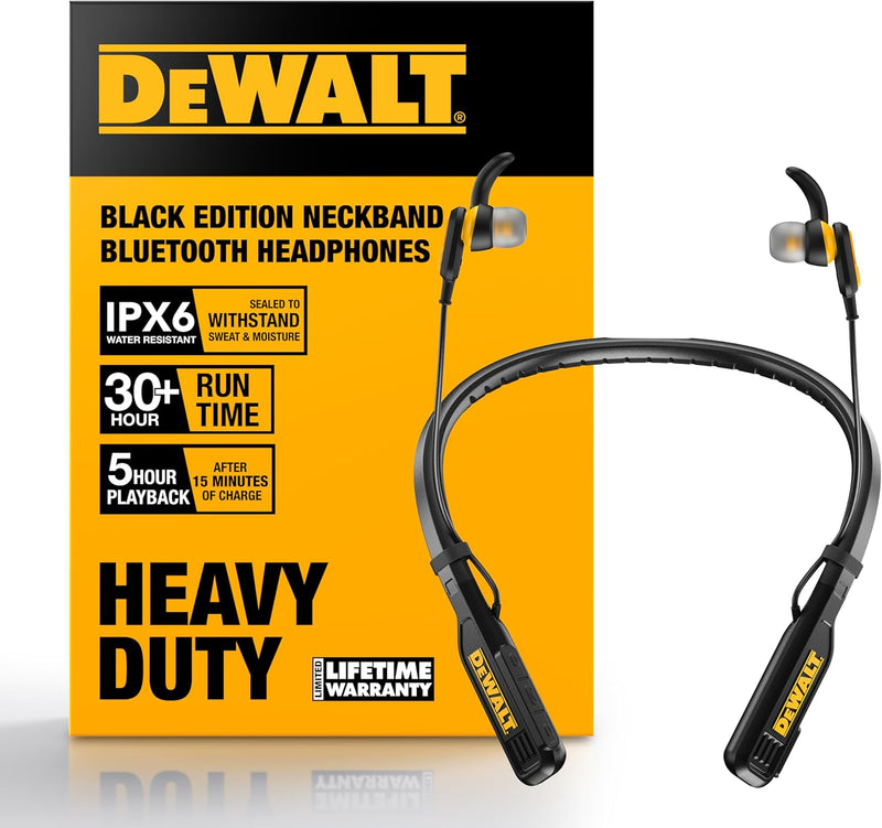 DEWALT Black Edition Bluetooth Neckband Headphones – 30H Wireless Jobsite Earbuds