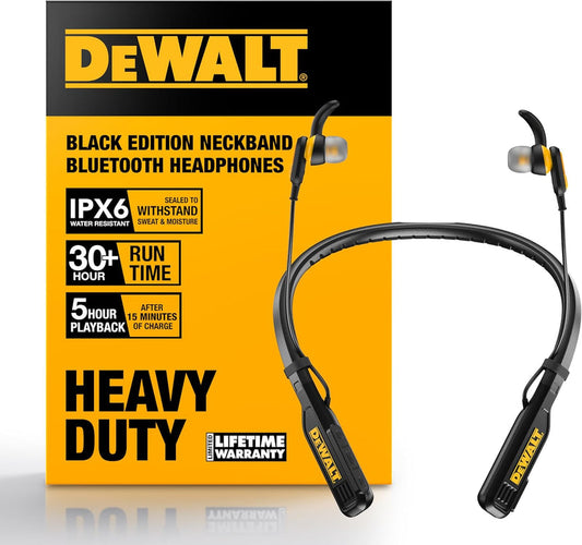 DEWALT Black Edition Bluetooth Neckband Headphones – 30H Wireless Jobsite Earbuds