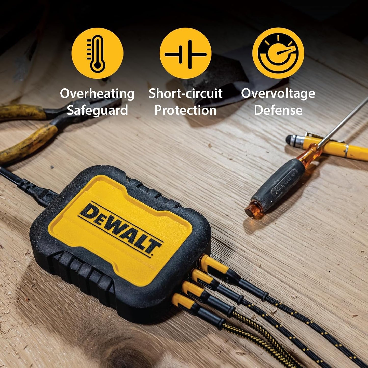 DEWALT 100W 4-Port USB-C Charger Block – Heavy Duty Fast Charger with 6FT Cord