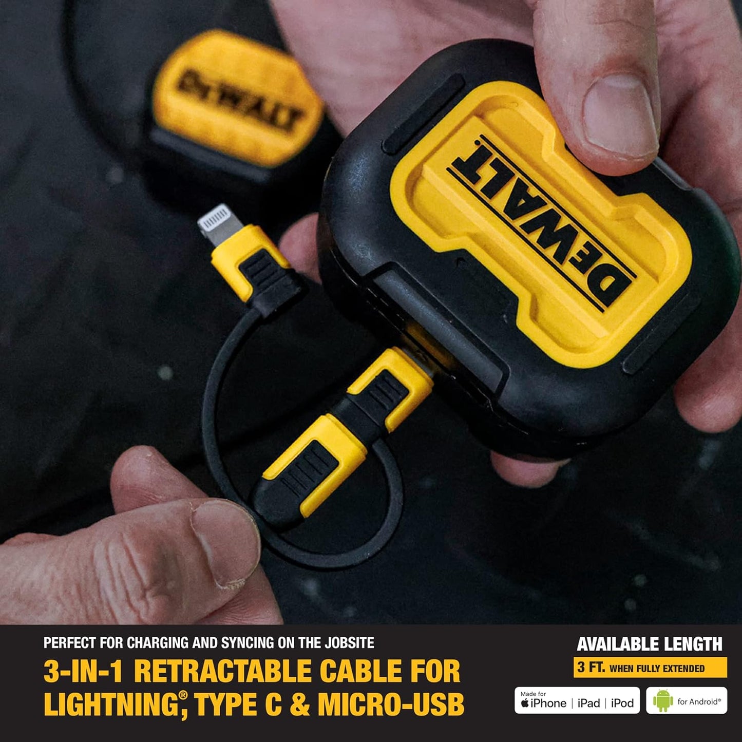DEWALT 3-in-1 Retractable Charging Cord – 3ft Heavy-Duty Fast Charger USB-C, Lightning & Micro USB