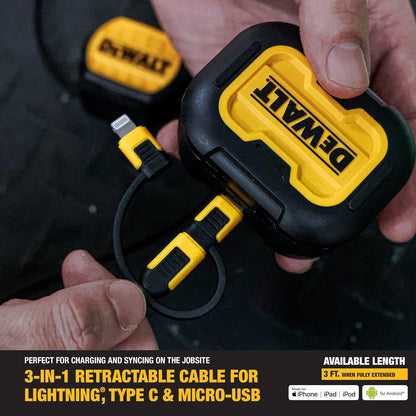 DEWALT 3-in-1 Retractable Charging Cord – 3ft Heavy-Duty Fast Charger USB-C, Lightning & Micro USB