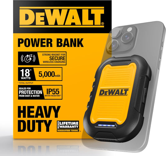 DEWALT 5,000mAh Magnetic Power Bank – Rugged Wireless Fast Charger w/USB-C Cable