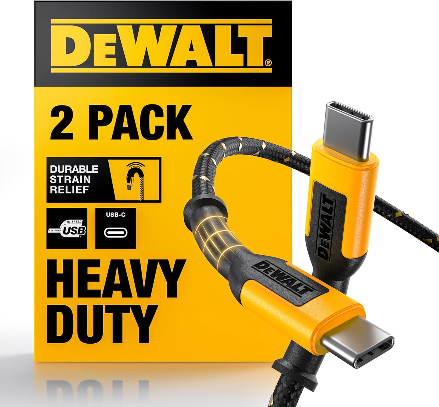 DEWALT Heavy Duty USB-C Cables (2-Pack, 6ft) – 60W Fast Charging, Braided Type-C