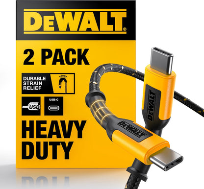 DEWALT Heavy Duty USB-C Cables (2-Pack, 6ft) – 60W Fast Charging, Braided Type-C