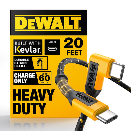 DEWALT Heavy Duty 20ft USB-C Cable – Extra-Long 60W Fast Charge Only Cable with 90° Connector for Gaming & Devices