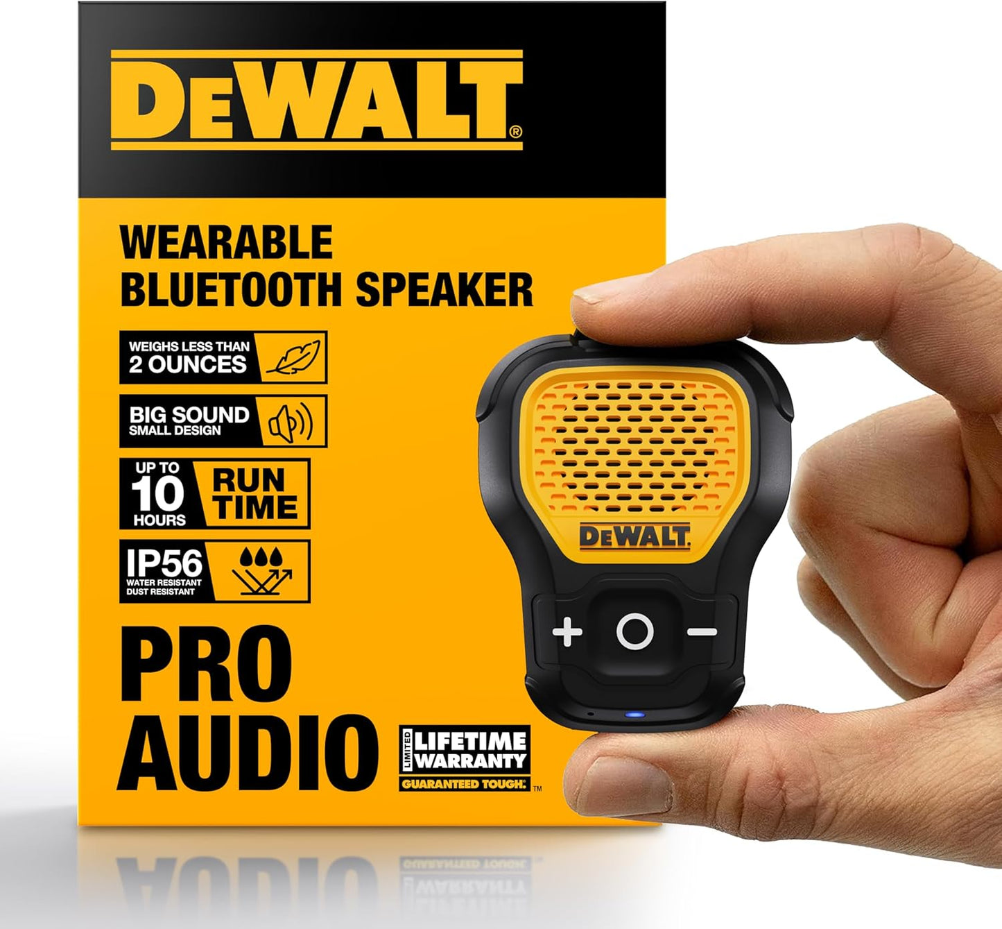 DEWALT Wearable Bluetooth Speaker – Updated Clip-On Jobsite Portable Speaker w/Mic