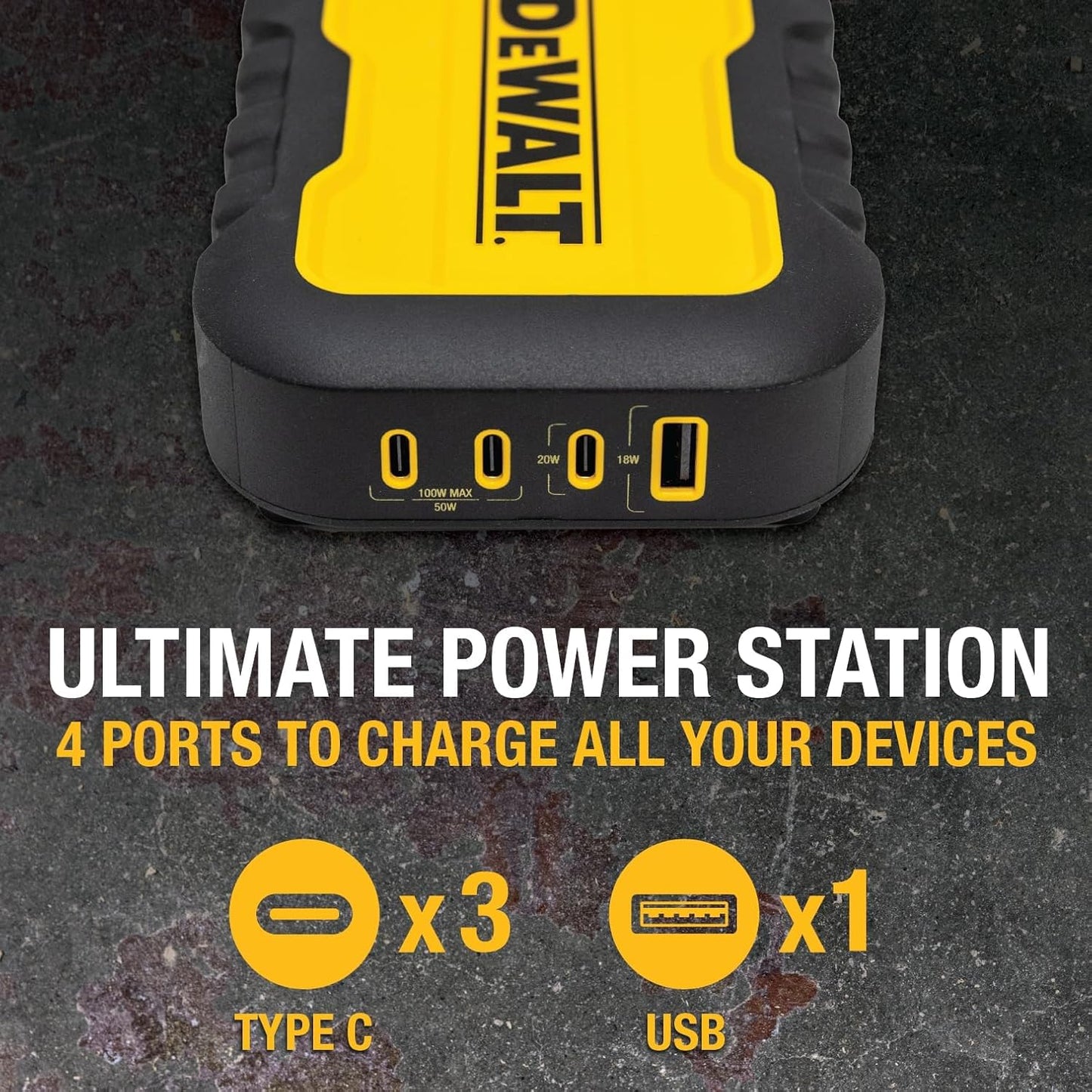 DEWALT 100W 4-Port USB-C Charger Block – Heavy Duty Fast Charger with 6FT Cord