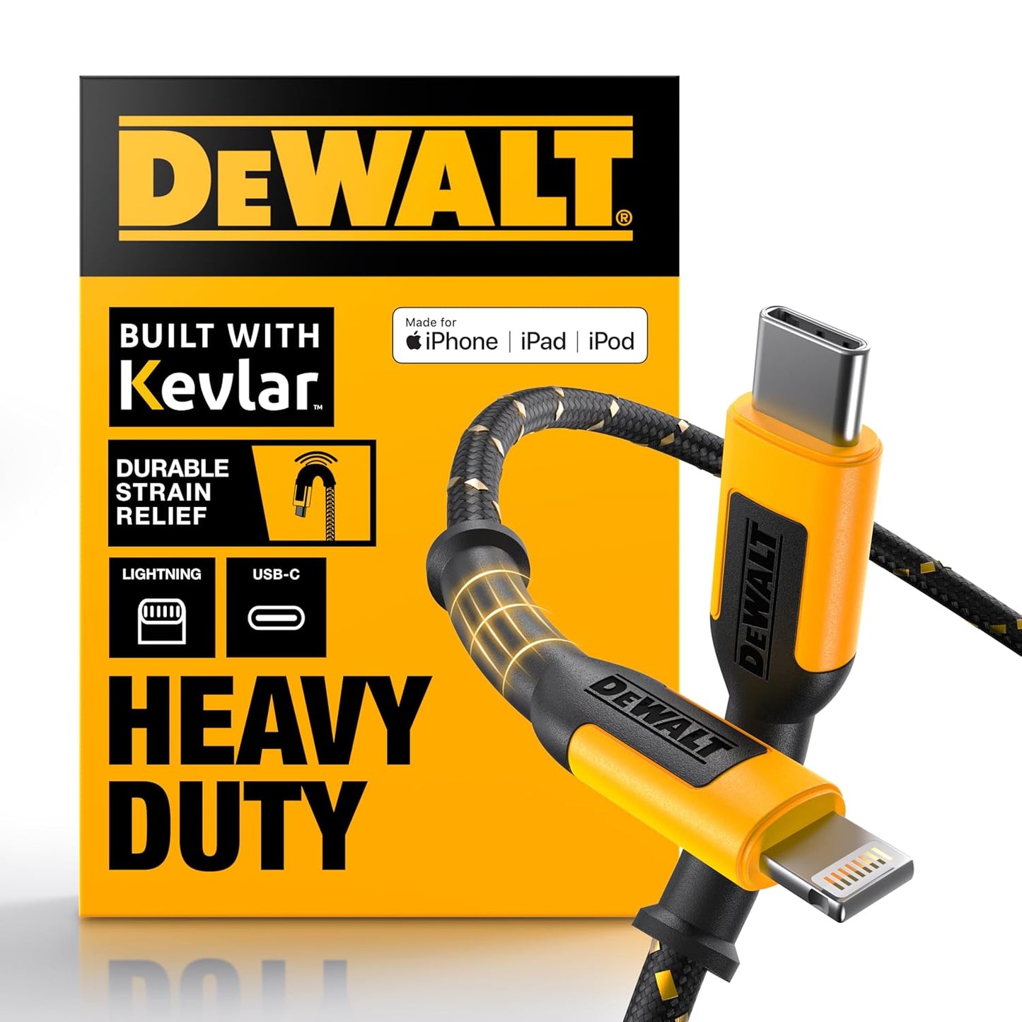 DEWALT Heavy Duty USB-C to Lightning Cable – MFi Certified Fast Charger for iPhone, iPad & AirPods
