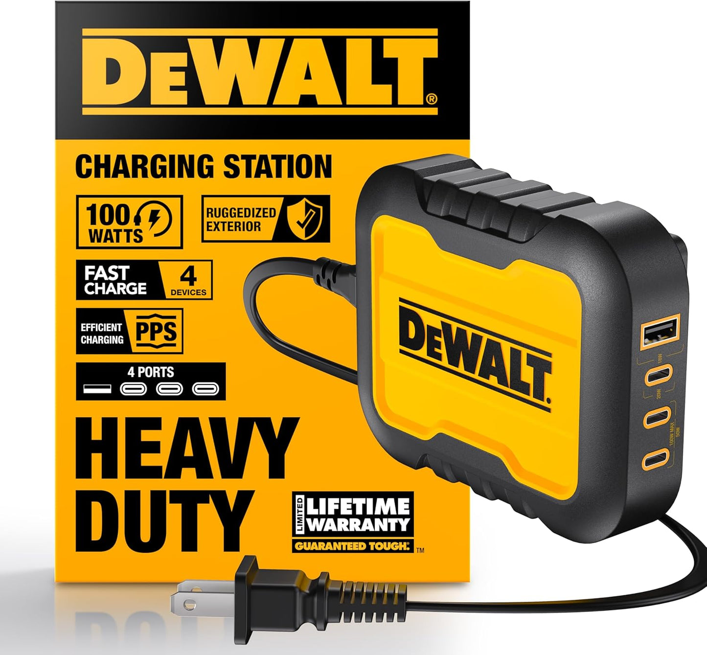 DEWALT 100W 4-Port USB-C Charger Block – Heavy Duty Fast Charger with 6FT Cord